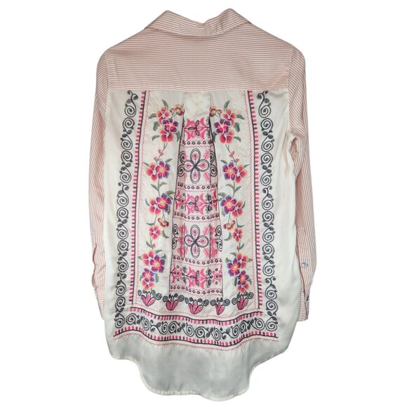 John Mark Pink Stripe Floral Embroidered Back Blouse Button Down Tunic Top Small - Picture 1 of 8